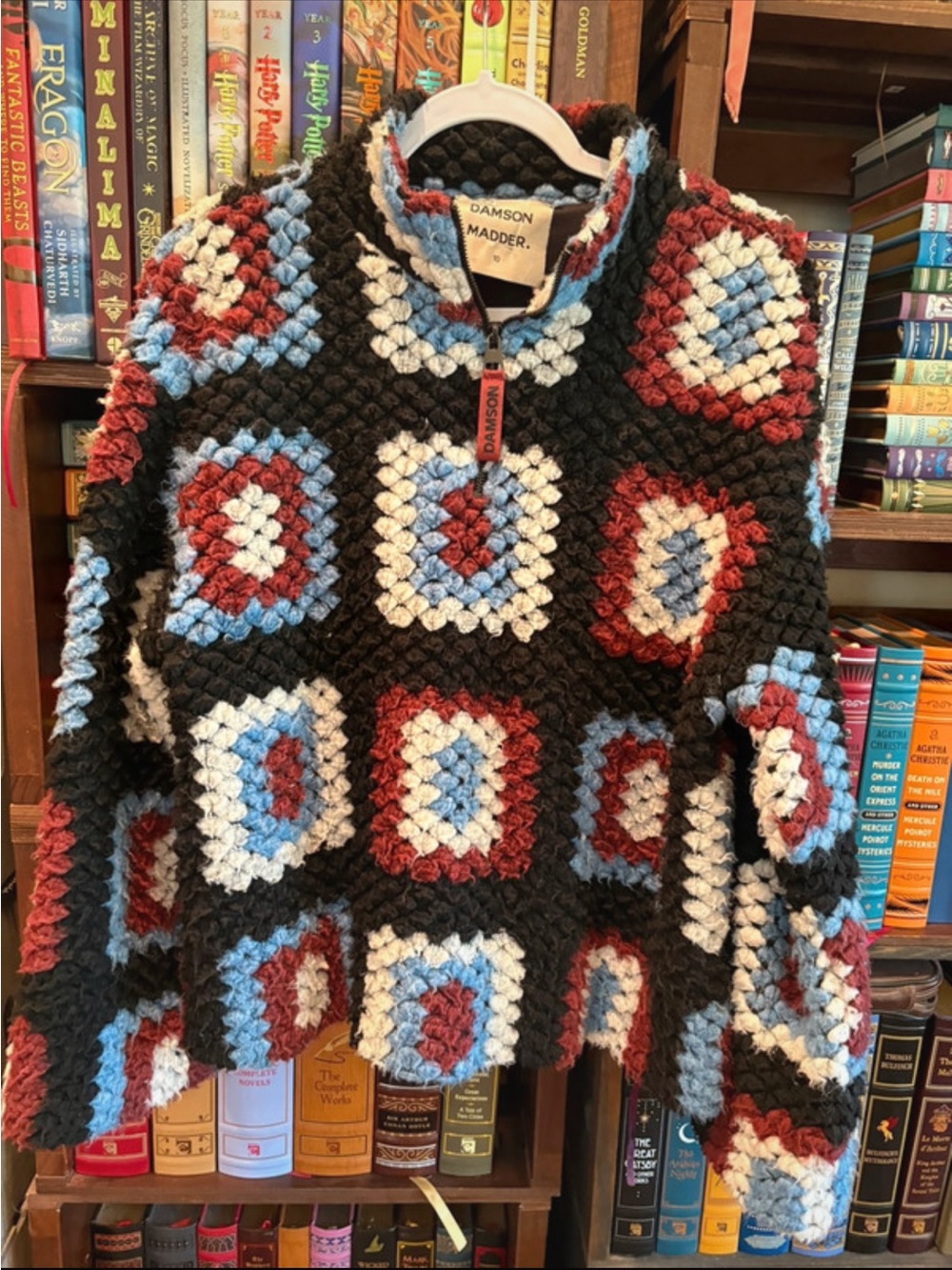 Damson Madder Black Crochet-Style Crew Sweater with Red & Light Blue Accents